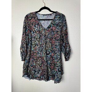 Snoskins Womens Paisley V-Neck Tunic Top Sz XL Lightweight 3/4 Sleeves Lagenlook